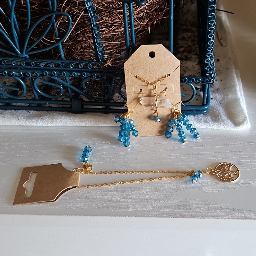 Gold Tree of Life Necklace and Blue Bead Drop Earrings Set